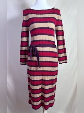 Trina Turk Ribbed Striped Boat Neck Knit Belted Sweater Dress - Medium